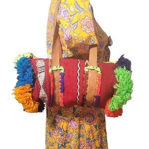 EN SHALLA WOOL LEATHER ANTHROPOLOGIE HANDBAG WOVEN KILIM RUG DESIGN WEAVING